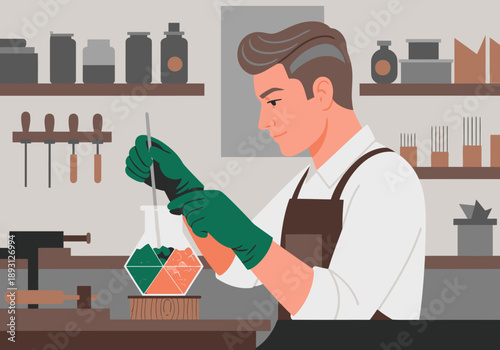 A male scientist mixes bio oils in a laboratory setting. He wears gloves and a lab coat, focused on a beaker with colored liquids. Clean, modern illustration.