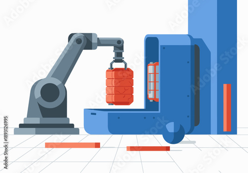 A robotic arm precisely handles a brick in an automated manufacturing cell. Modern, clean design highlights efficiency and technology. Suitable for business and industrial themes.