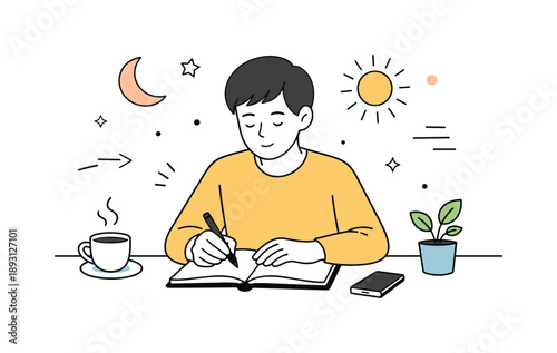 Intentions in Mind. Setting intentions for the next day. Person calmly writing intentions in a notebook at a desk, reflecting and planning ahead. Soft morning