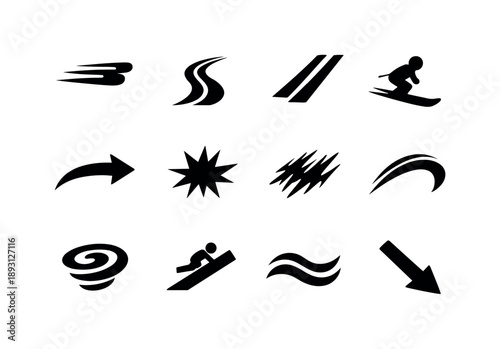 Snow Motion Icons. Snow motion symbols. Solid icon set of snow motion symbols: speed trails, carve line, skid mark, glide silhouette, curved motion arrow,