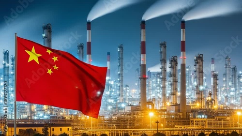 Chinese Industrial Power and Manufacturing Sector with National Flag Waving in Front of a Large Chemical Refinery Plant at Night with Smoke Stacks