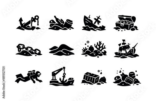 Underwater Shipwreck Icons. Anchor in sand shipwreck. Solid icon set of Anchor in sand shipwreck: broken anchor, sea debris, old ship hull,