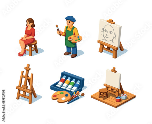 Vector Art Studio. Portrait painting. Isometric flat vector icons set of Portrait painting: seated portrait model, painter holding palette, canvas with face