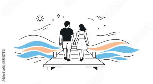 Seaside Love Walk. Romantic seaside moment. An abstract yet warm scene of a couple walking hand-in-hand on a pier, with flowing wave shapes and soft motion
