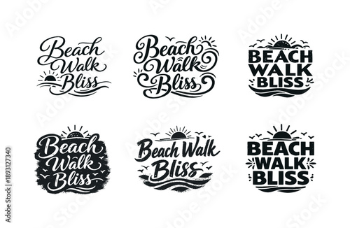 Beach Walk Lettering. Beach walk bliss. Set lettering. harmonious lettering variations of the same emblematic concept, each with different artistic