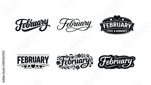 Creative February Lettering Grid. February event lettering. Set lettering. harmonious lettering variations of the same emblematic concept, each with different