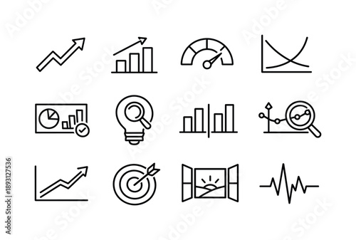 Market Trend Icon Set. Market Trend Indicators. Line icon set of Market Trend Indicators: trend arrow, rising chart, sentiment gauge, demand curve, KPI board,