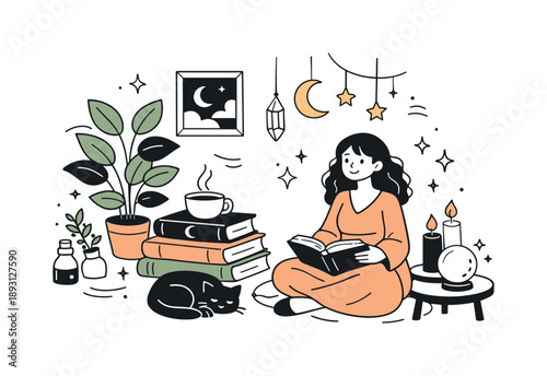 Cozy Whimsigoth Corner. Whimsigoth lifestyle moment. A cozy corner with books, candles, plants, and moon motifs shows a romantic, introspective mood. The scene