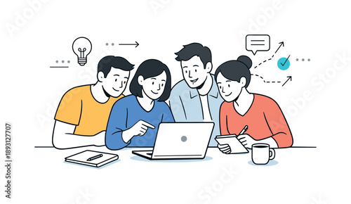 Collaborative Team Huddle. Team collaboration. Group huddled closely around a table, reviewing notes or a laptop. Calm teamwork and productive physical