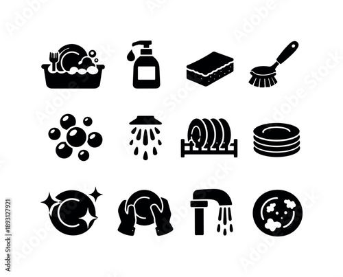 Washing Dishes Icons. Washing dishes. Solid icon set of Washing dishes: dish in sink, soap bottle, scrubbing sponge, dish brush, soapy bubbles, rinsing water,