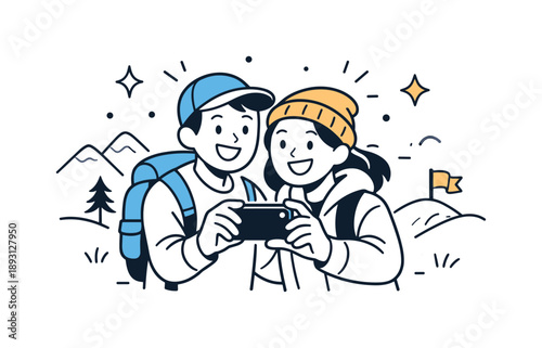 Adventure Selfie Joy. Two friends taking a selfie during an adventure. Two friends smiling and holding a phone together, capturing a spontaneous moment