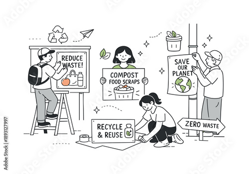 Waste Reduction Campaign. Public awareness campaign. Volunteers placing posters and signs about reducing waste, subtle floating icons for recycling and