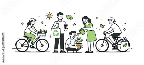 Eco-friendly Lifestyle Scene. Green lifestyle routine. A friendly scene of people riding bicycles, carrying eco bags, and interacting with plants, showing