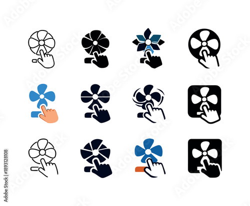 Fan Icon Variations. Turning on a fan. Icon set. Set Logo of turning on a fan: hand pressing fan switch. harmonious logo variations of the same emblematic