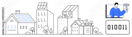 Urban landscape with solar-powered homes and buildings, a digital gaming individual holding a trophy, and binary code. Ideal for smart cities, renewable energy, technology, gaming, sustainability