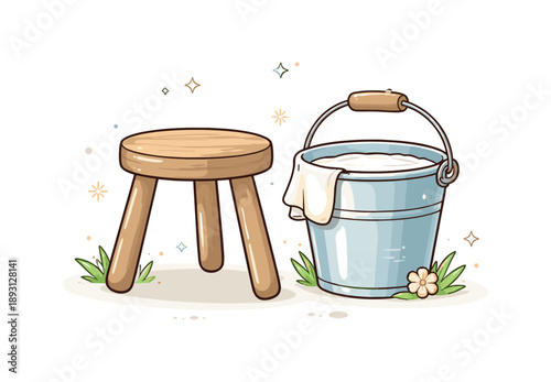 Traditional Milking Setup. Traditional milking stool. Close-up scene of a three-legged stool beside a milk bucket, emphasizing simplicity and function. Calm