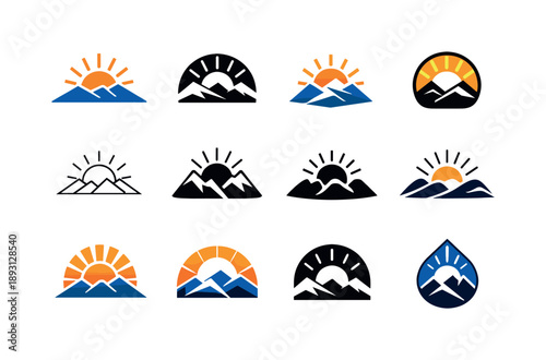 Spiritual Awakening Logos. Spiritual awakening. Icon set. Set Logo of Spiritual awakening: rising sun behind mountains. harmonious logo variations of the same