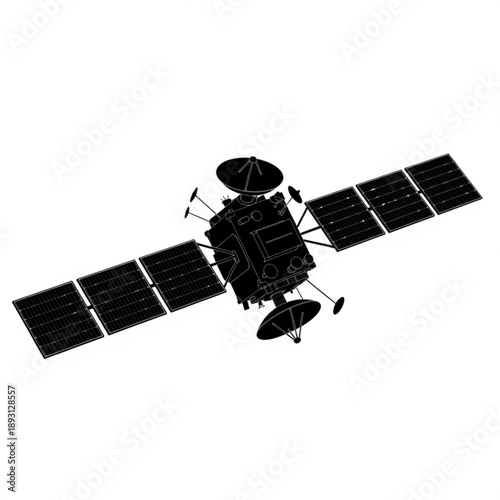 A black and white image of a satellite in space with solar panels