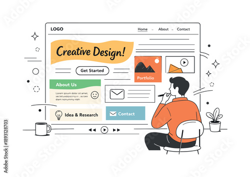 Retro Web Design. Abstract website design with retro elements. A designer reviewing an abstract homepage with vintage color accents and playful typography