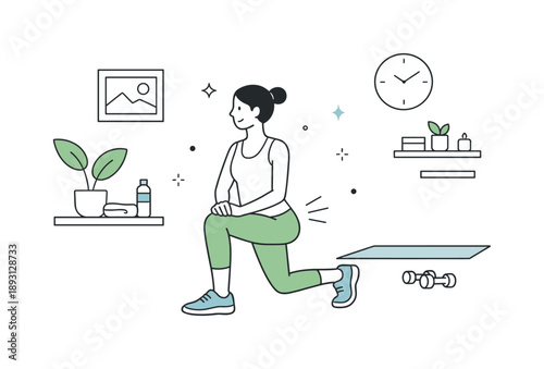 Minimalist Fitness Routine. Indoor fitness routine scene. Simplified character doing bodyweight exercises like squats or lunges, clean home interior with lots