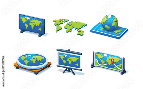 Colorful Isometric World Maps. World map. Isometric flat vector icons set of World map: global world map panel, simplified continents map, world map with grid