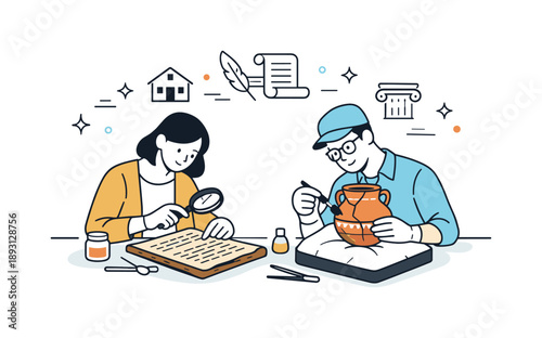 Cultural Preservation Scene. Cultural heritage preservation. A thoughtful scene of specialists carefully restoring an old document and artifact on a table,