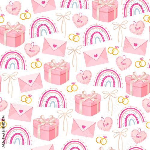 Valentine’s Day Seamless Pattern with Pink Gift Boxes, Love Envelopes, Rainbows and Wedding Rings, Romantic Celebration Background for Gift Wrap, Packaging, Textile and Wedding Design.