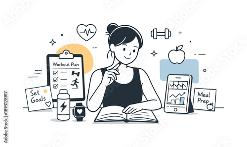 Organized Fitness Planning. Setting health and fitness goals. A calm scene of planning workouts and routines using notes, apps, and simple icons. Thoughtful