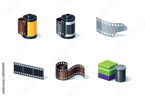 Photography Film Icons. Photography film. Isometric flat vector icons set of photography film: color negative film roll, black and white film roll, transparent