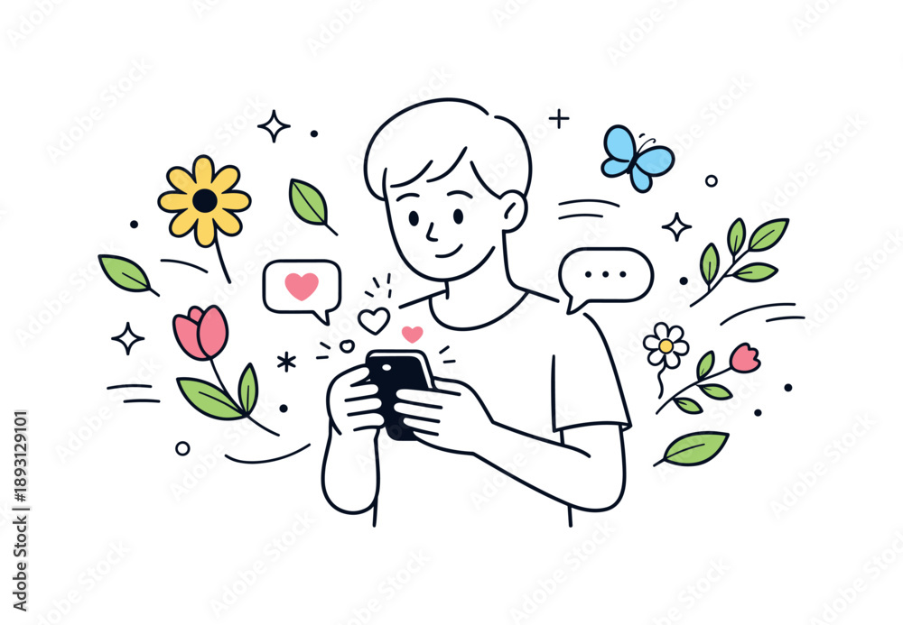 Fototapeta premium Spring Social Media. Social media spring illustration. A person using a smartphone surrounded by spring elements like flowers and leaves, gently floating