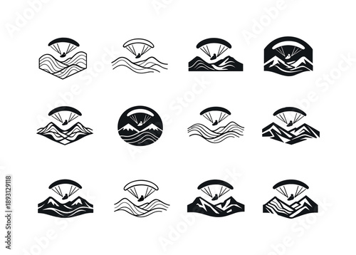 Mountain Paragliding Logos. Paragliding in mountains. Icon set. Set Logo of Paragliding in mountains: topographic mountain lines with glider. harmonious logo
