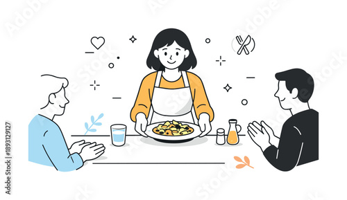 Warm Dish Presentation. Recipe step serving. A calm scene showing a person placing a finished dish on the table or serving to others, emphasizing enjoyment and