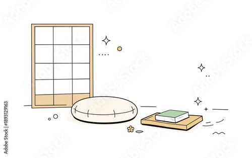 Japandi Minimalist Corner. Japandi style decor objects. A soft corner with a low floor cushion, shoji screen, and a single book resting on a tray. Spaciousness