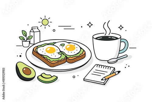 Balanced Breakfast Bliss. Balanced morning meal. Avocado toast topped with eggs next to a cup of coffee or tea, relaxed breakfast setting. Editorial
