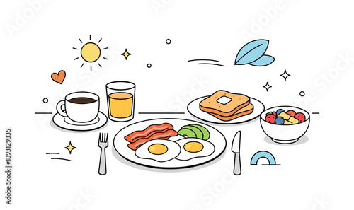 Minimalist Breakfast Scene. Making breakfast finished. Breakfast served on a table with simple dishes, quiet satisfaction and sense of comfort with abstract