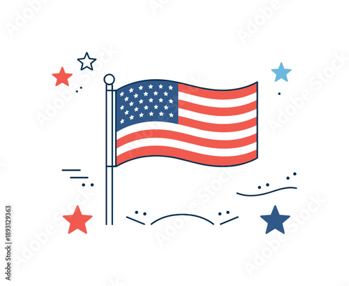 Minimalist Patriotic Celebration. Fourth of July concept. A minimal scene with the US flag and small decorative stars, suggesting celebration without excess.