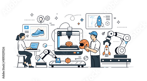 Innovative Manufacturing Future. Future of manufacturing. Abstract scene combining 3D printers, robotic arms, and digital blueprints, balanced and optimistic