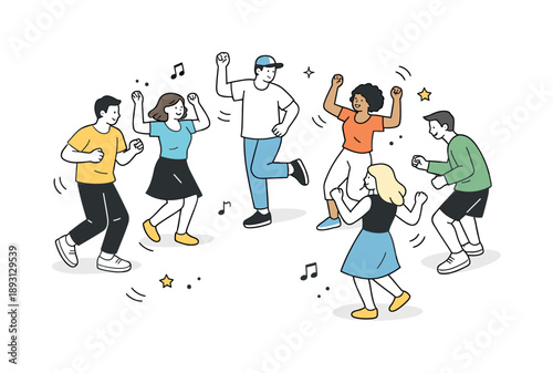 Group Dance Celebration. Group dance vibes. A simple editorial scene of people dancing in a loose circle, enjoying music and movement. The atmosphere feels