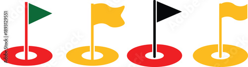 Four flags on poles with colored bases green yellow