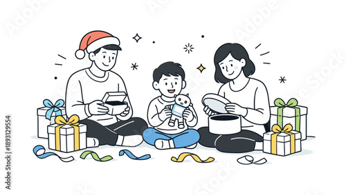 Joyful Christmas Morning. Christmas morning joy with gifts. People sitting on the floor surrounded by wrapped presents and ribbons. Calm festive moment and