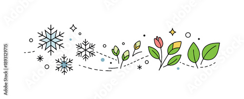 Seasonal Transformation. Winter to spring seasonal shift illustration. Snowflakes gradually transforming into buds and leaves, creating a smooth visual