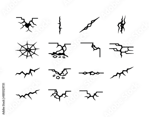 Wall Crack Icons. Wall Crack. Line icon set of Wall Crack: broken wall, cracked surface, vertical crack, diagonal crack, deep fracture, spiderweb crack,