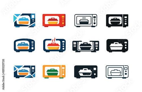 Office Breakroom Icon Set. Office breakroom. Icon set. Set Logo of office breakroom: microwave with lunchbox. harmonious logo variations of the same emblematic