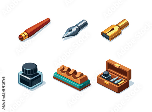 Calligraphy Tools Icons. Calligraphy Tools. Isometric flat vector icons set of Calligraphy Tools: dip pen handle, pointed nib tip, broad nib tip, ink pot, pen