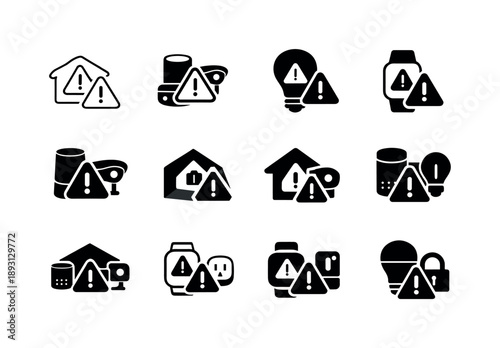 Cybersecurity IoT Icon Set. Cybersecurity challenges in the IoT ecosystem. Icon set. Set Logo of Cybersecurity challenges in the IoT ecosystem: warning sign