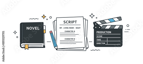 Screenwriting Desk Essentials. Screenwriting adaptation process. A desk scene with a book, script pages, and a clapperboard arranged neatly. The mood feels
