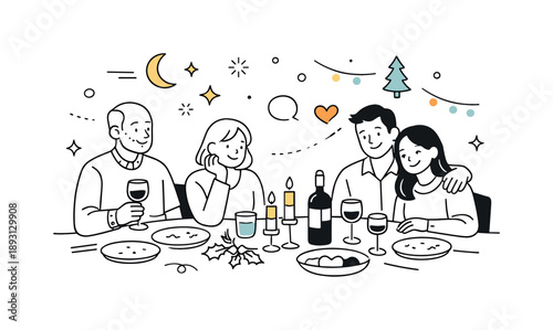 Festive Evening Gathering. Holiday celebration around table evening. Festive table with people smiling softly at the end of the meal, sense of warmth and