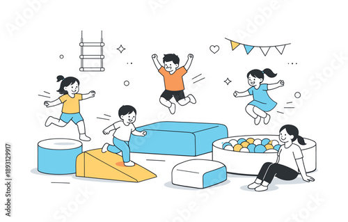 Playful Indoor Adventure. People at indoor playground active play. Children running and jumping on soft surfaces. Energetic movement and carefree enjoyment in