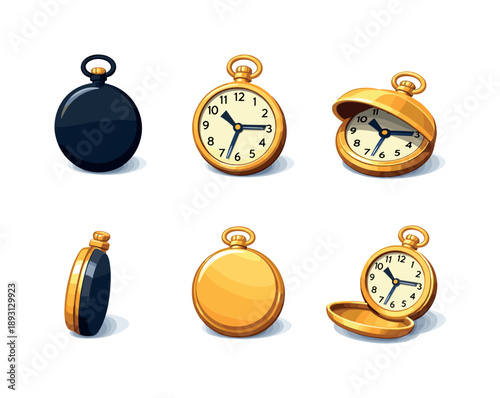 Heritage Watch Icons. Heritage watch. Isometric flat vector icons set of heritage watch: closed pocket watch silhouette, open face pocket watch, half-open lid