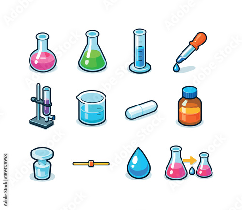 Colorful Laboratory Icons. Laboratory Volumetric Glassware. Colorful isometric vector icons set of Laboratory Volumetric Glassware: volumetric flask,